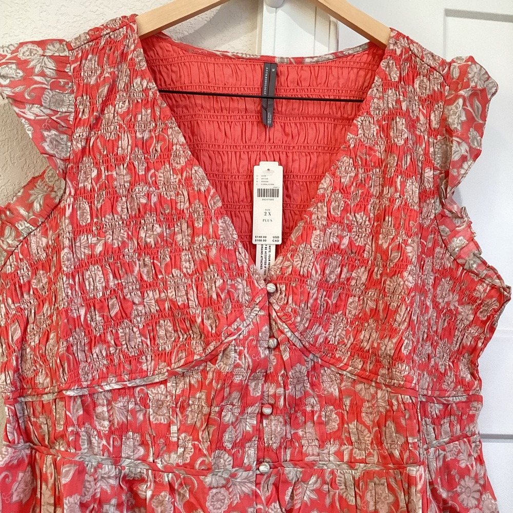 Anthropologie Peregrine Mini Dress Sleeveless V-Neck Smocked New 2X Coral Floral - Picture 5 of 14